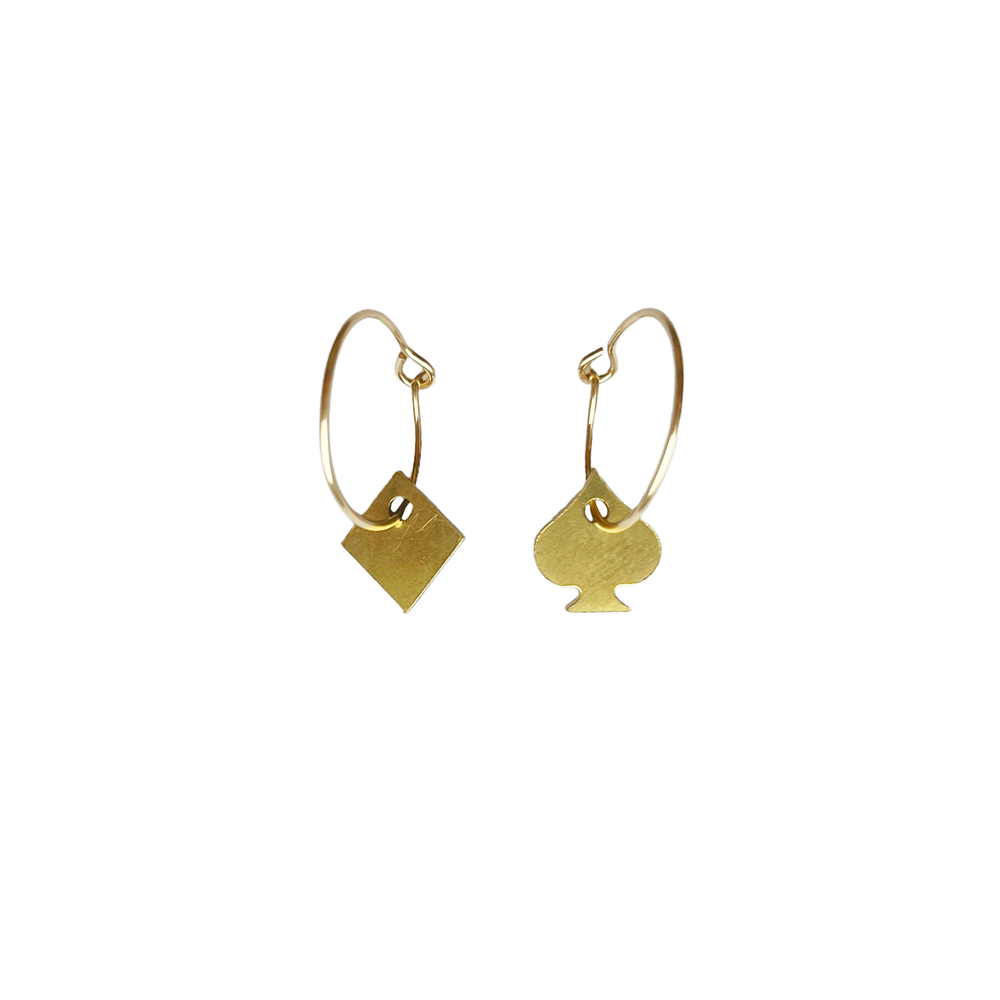 Spades & Diamonds • Earrings, gold + brass